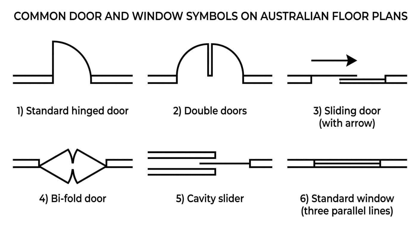 Common door and window symbols on Australian floor plans: 1) Standard hinged door with arc, 2) Double doors, 3) Sliding door with arrow, 4) Bi-fold door, 5) Cavity slider, 6) Standard window with three parallel lines