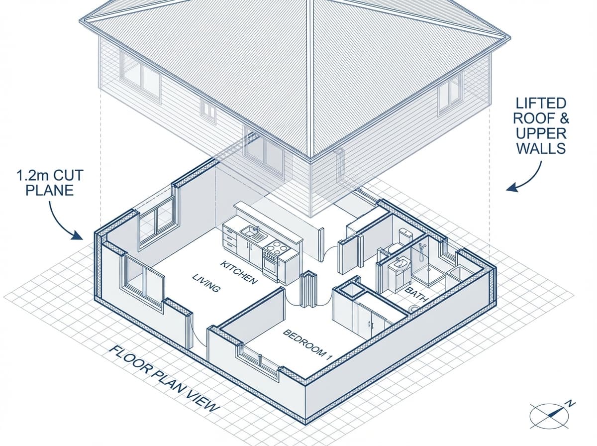 3D isometric view showing how a floor plan is created with a 1.2m cut plane, lifted roof and upper walls revealing the floor plan view below with kitchen, living, bedroom and bathroom