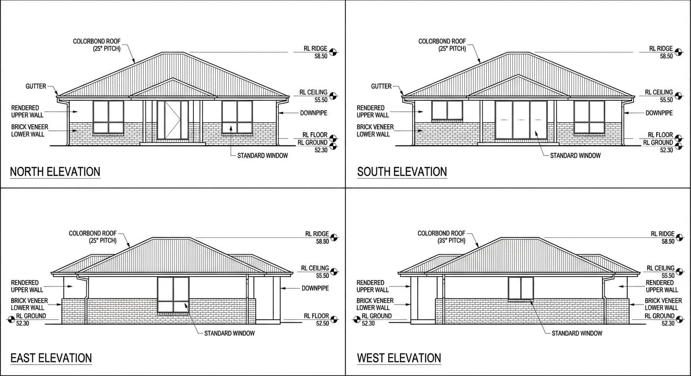 Four elevation drawings of an Australian single-storey home showing North, South, East and West views with brick veneer lower walls, rendered upper walls, Colorbond roof at 25° pitch, RL levels marked at ground, floor, ceiling and ridge