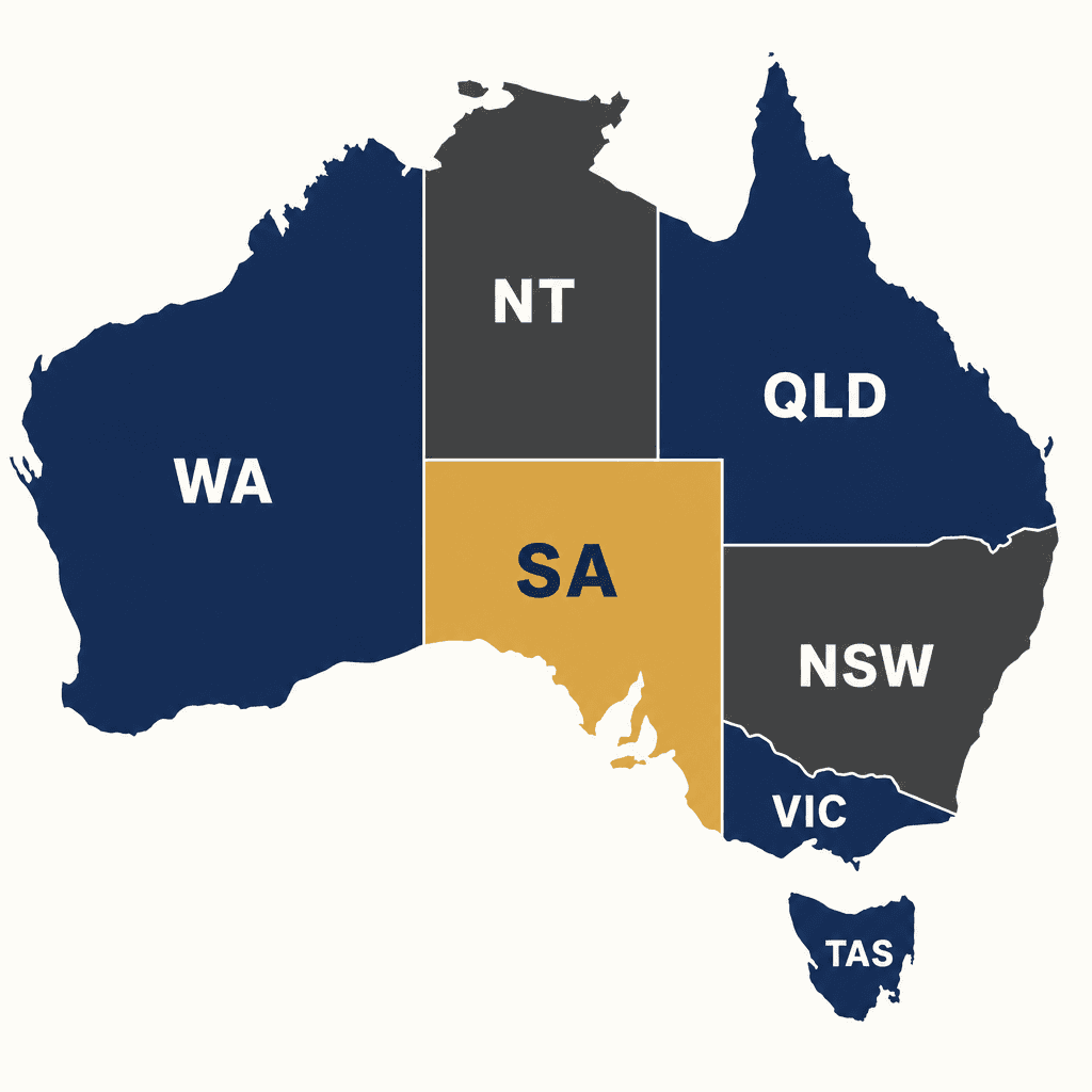 Stylised flat map of Australia divided into states and territories with South Australia highlighted, illustrating that SWMS rules vary by jurisdiction