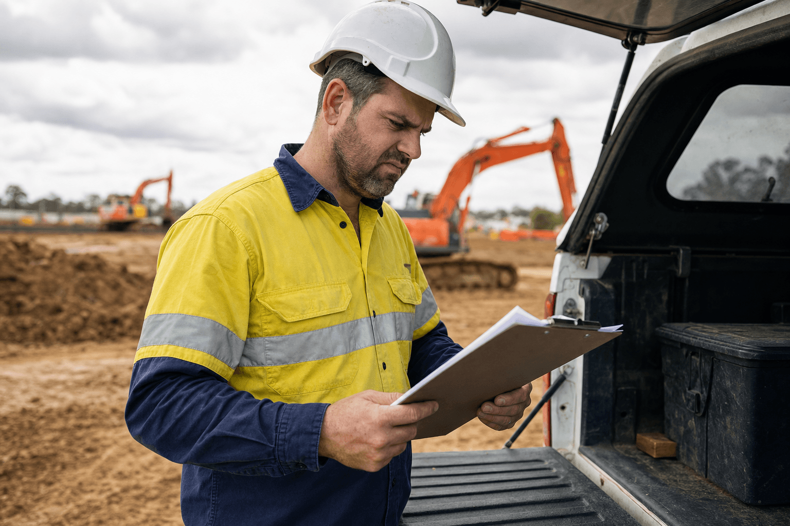 Australian site supervisor frowning at a thick generic paper document on a clipboard at the tailgate of a ute, the generic template that fails on site