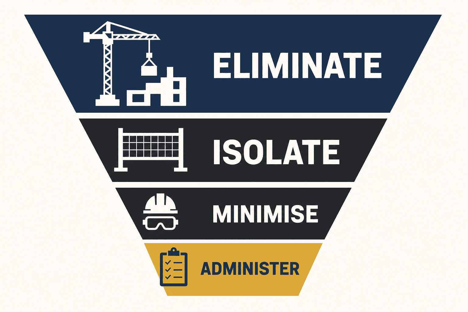 Hierarchy-of-controls funnel from Eliminate at the widest top through engineering and administrative controls down to PPE at the narrow bottom