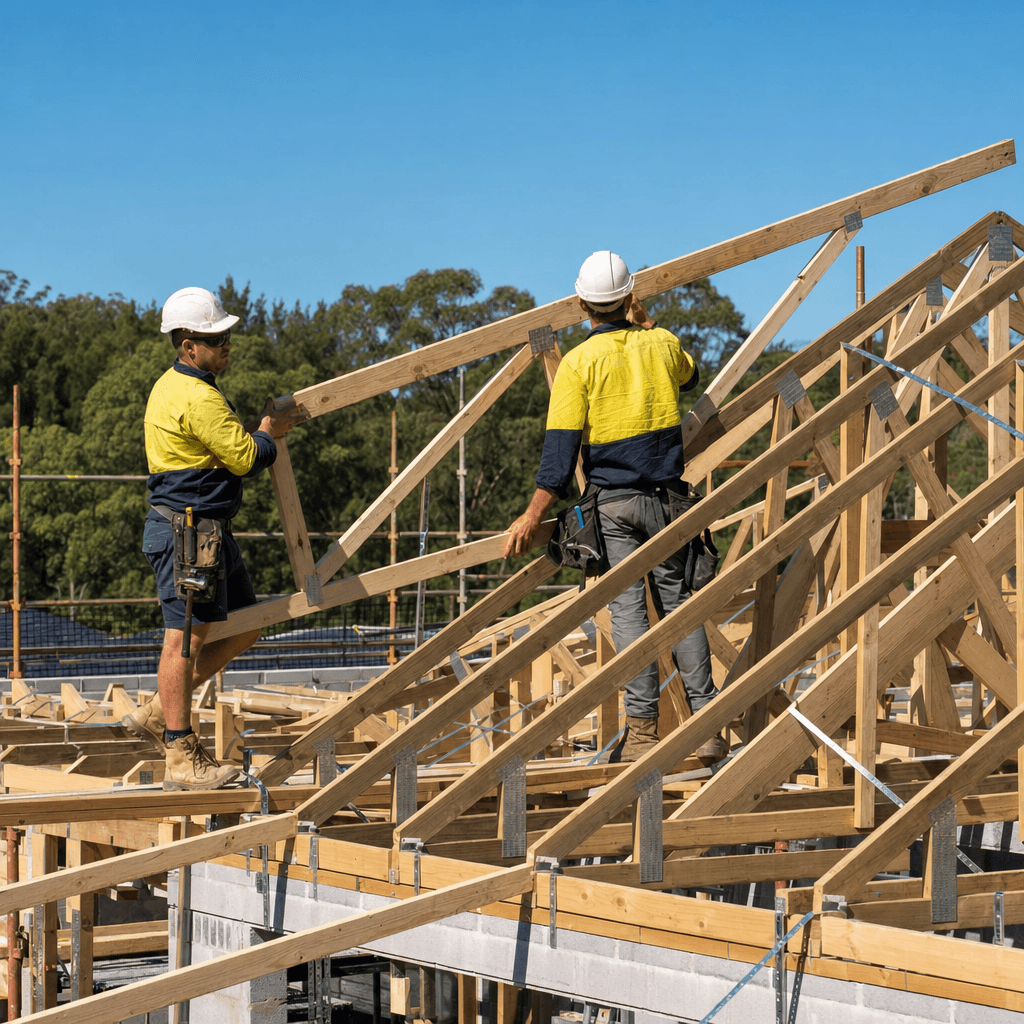 Two Australian carpenters installing roof trusses with temporary bracing and perimeter edge protection, a worked example of high risk construction work needing a SWMS