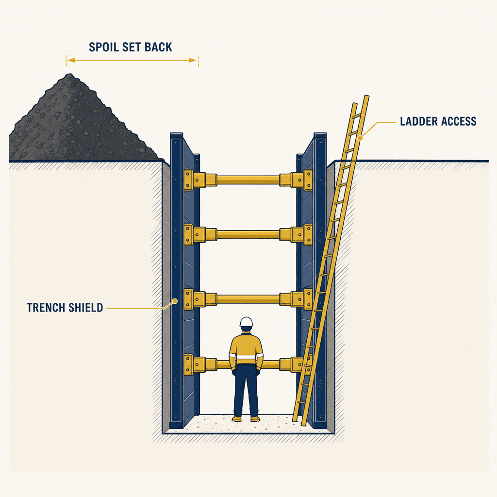 Cross-section reference illustration of a shored construction trench with shield panels, ladder access and spoil set back from the edge