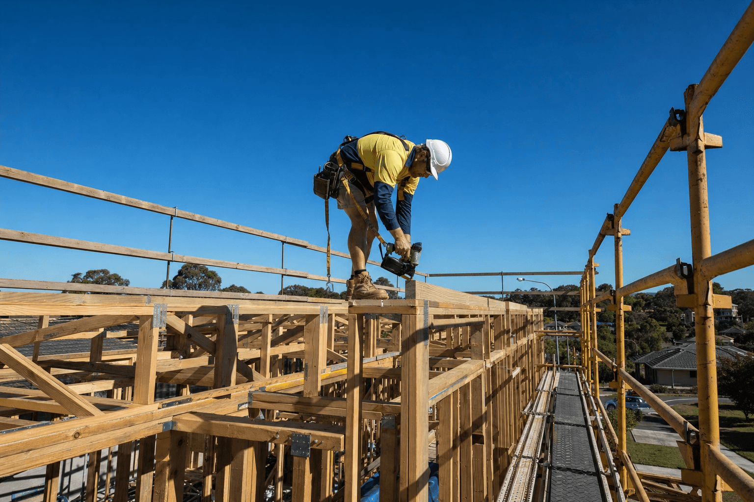 Australian carpenter working at height on the top plate of a timber-framed house with perimeter edge protection and scaffolding in place, the fall risk that triggers a SWMS