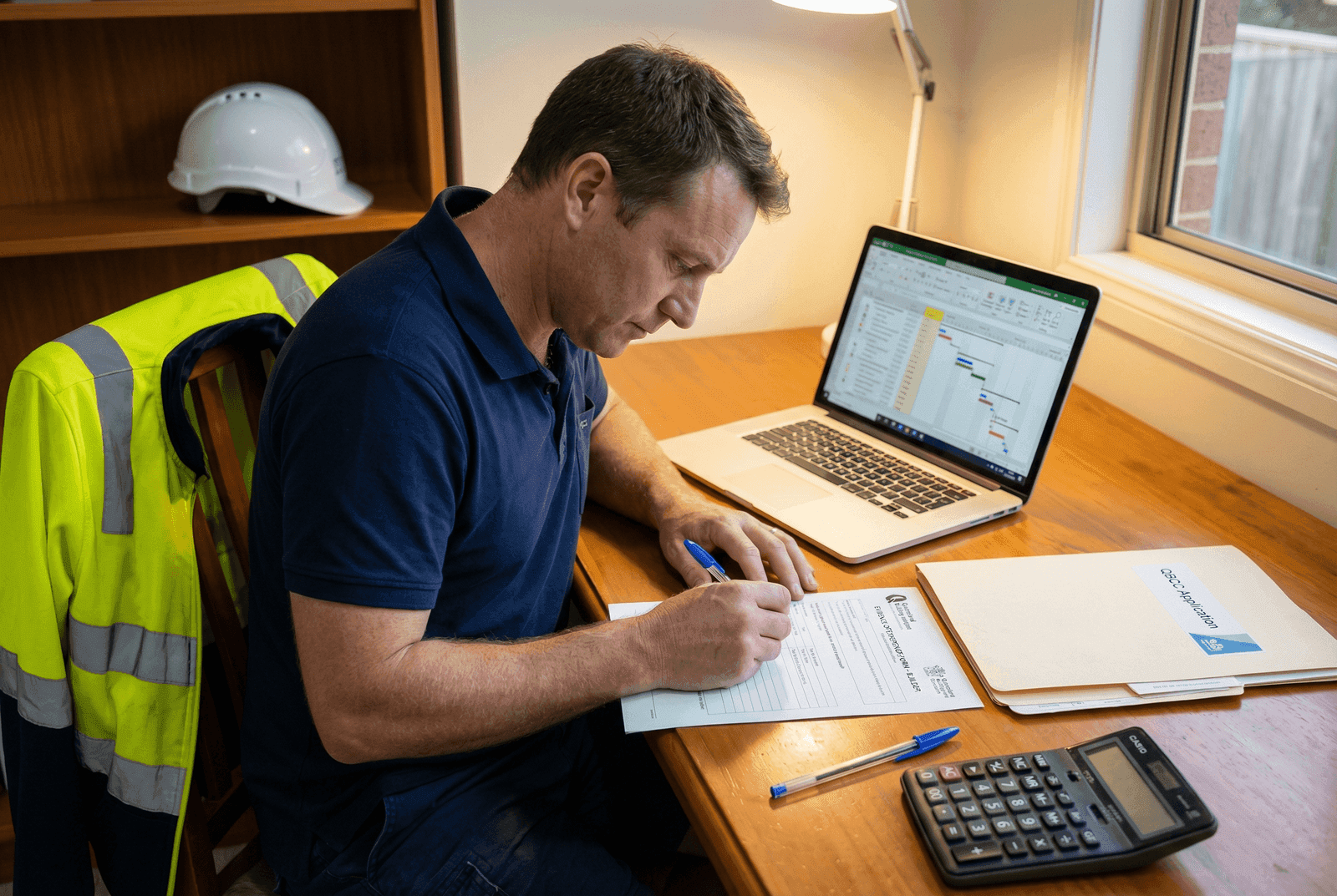 Australian builder completing QBCC Experience Declaration Form at a home study desk