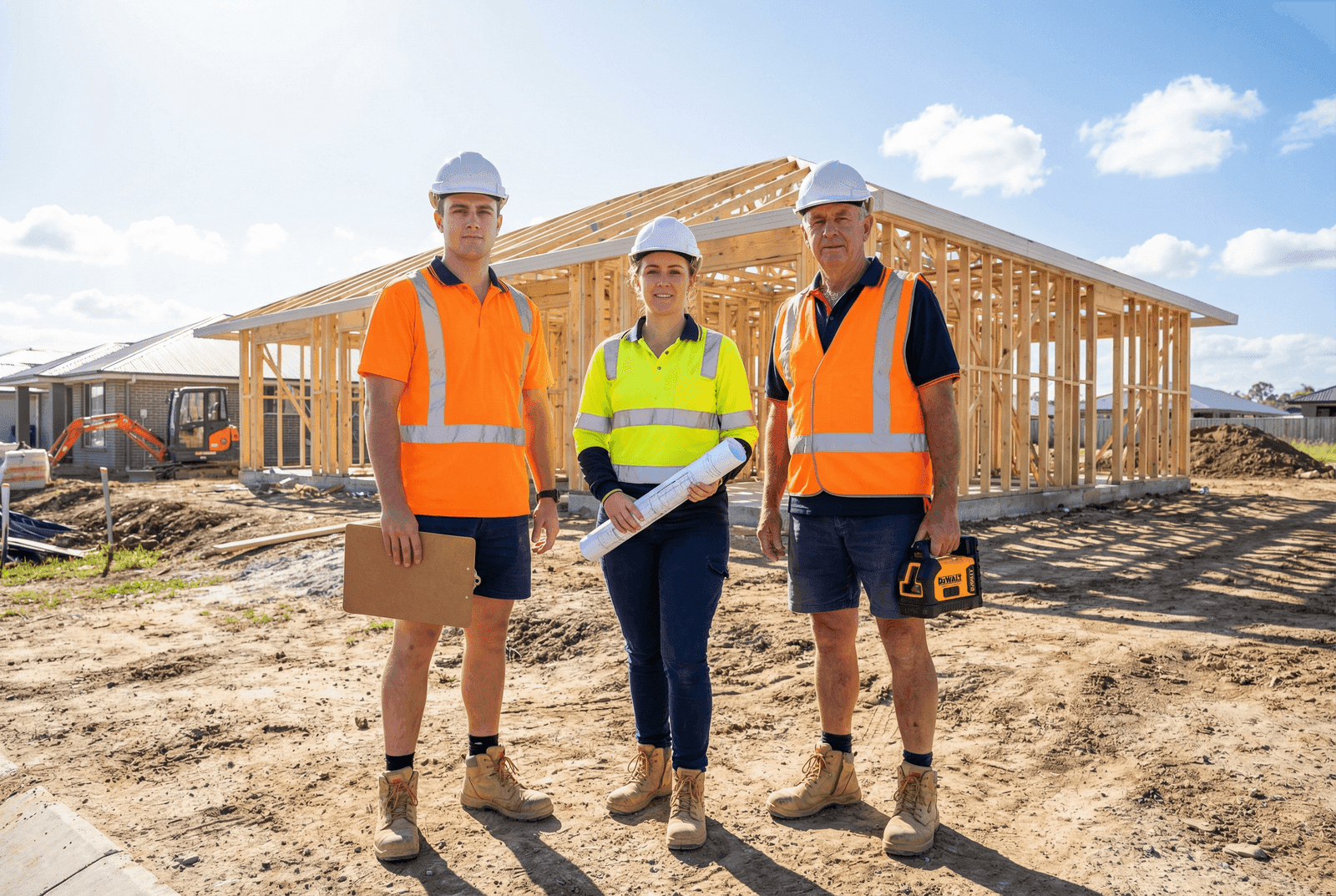 Three Australian construction professionals on a Queensland building site representing Low Rise, Medium Rise, and Open licence pathways