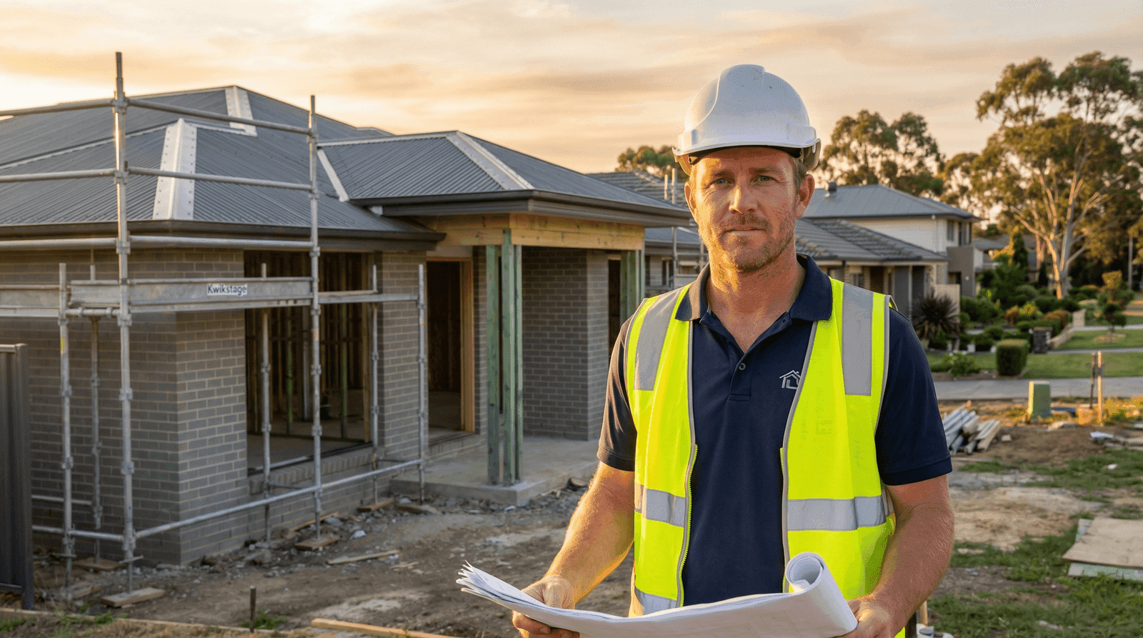 Builder holding construction plans at a residential building site in Queensland at sunset