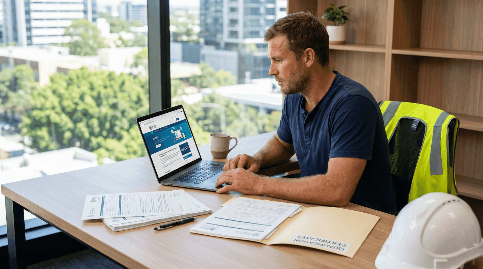 Construction professional completing a QBCC site supervisor licence application on a laptop, with qualification certificates and construction plans on desk