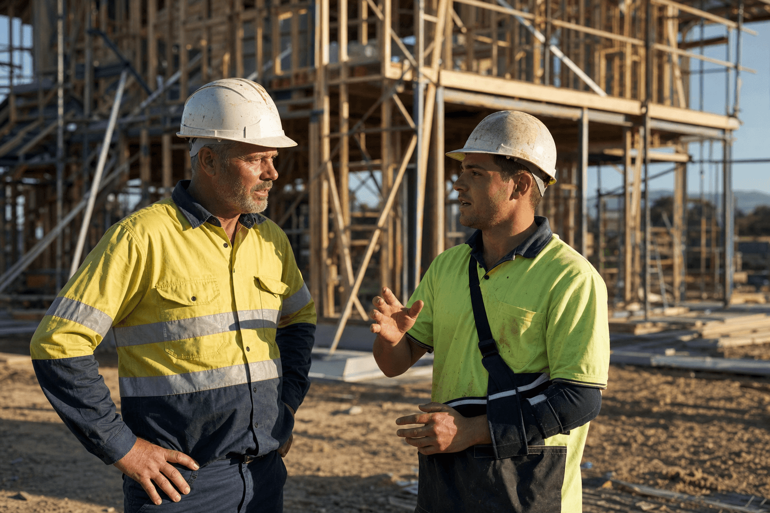 Experienced Australian site supervisor talking with a younger injured tradie wearing a forearm brace on a residential construction site