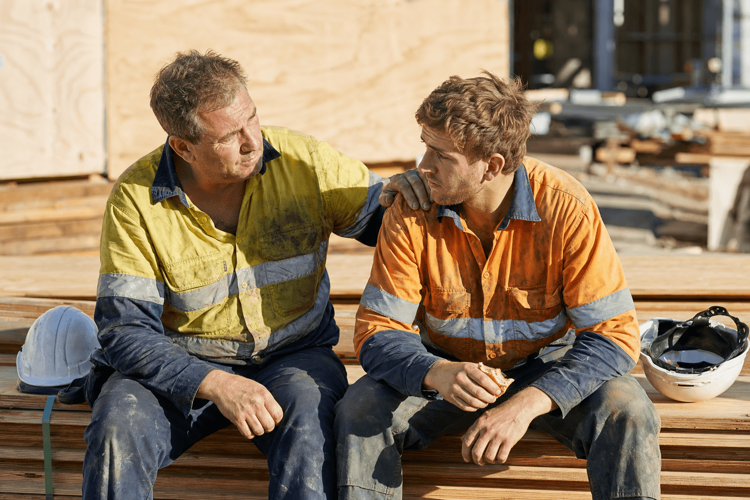 Two Australian tradies at smoko on a construction site, an older worker listening supportively with a hand on a younger colleague's shoulder