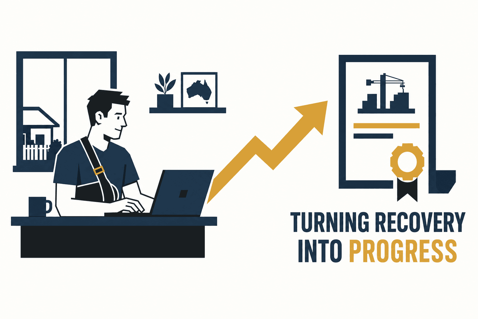 Pathway diagram showing a worker studying at home during recovery converting site experience into a recognised qualification