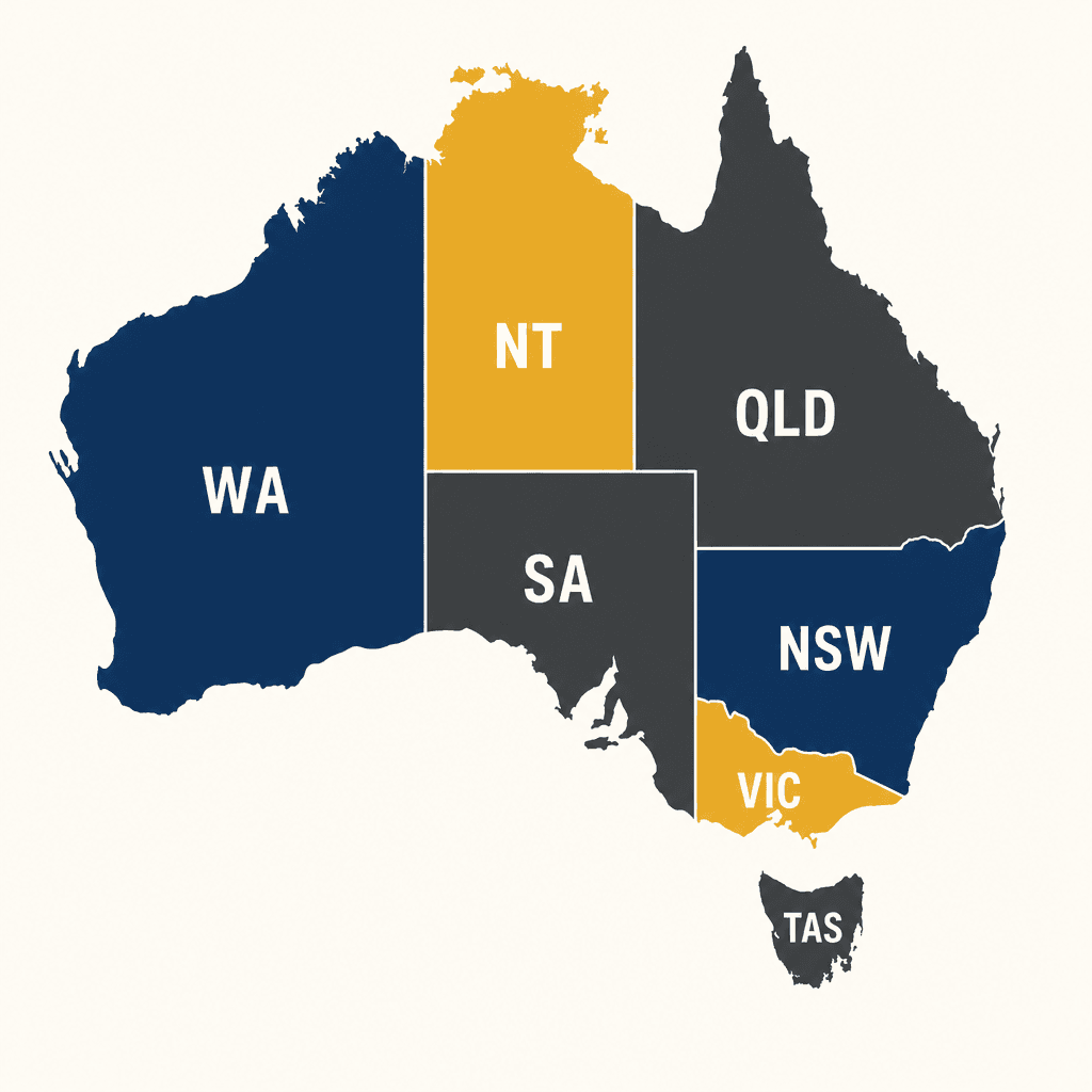 Stylised map of Australia divided into states, illustrating that job-protection periods differ in every state and territory