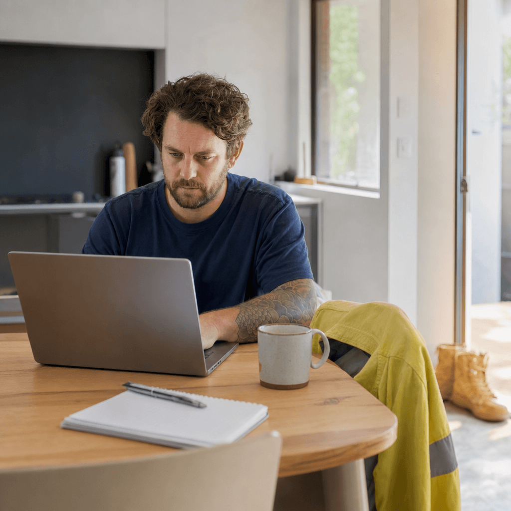 Australian tradie studying on a laptop at the kitchen table at home during recovery with a hi-vis shirt over a chair and work boots by the door