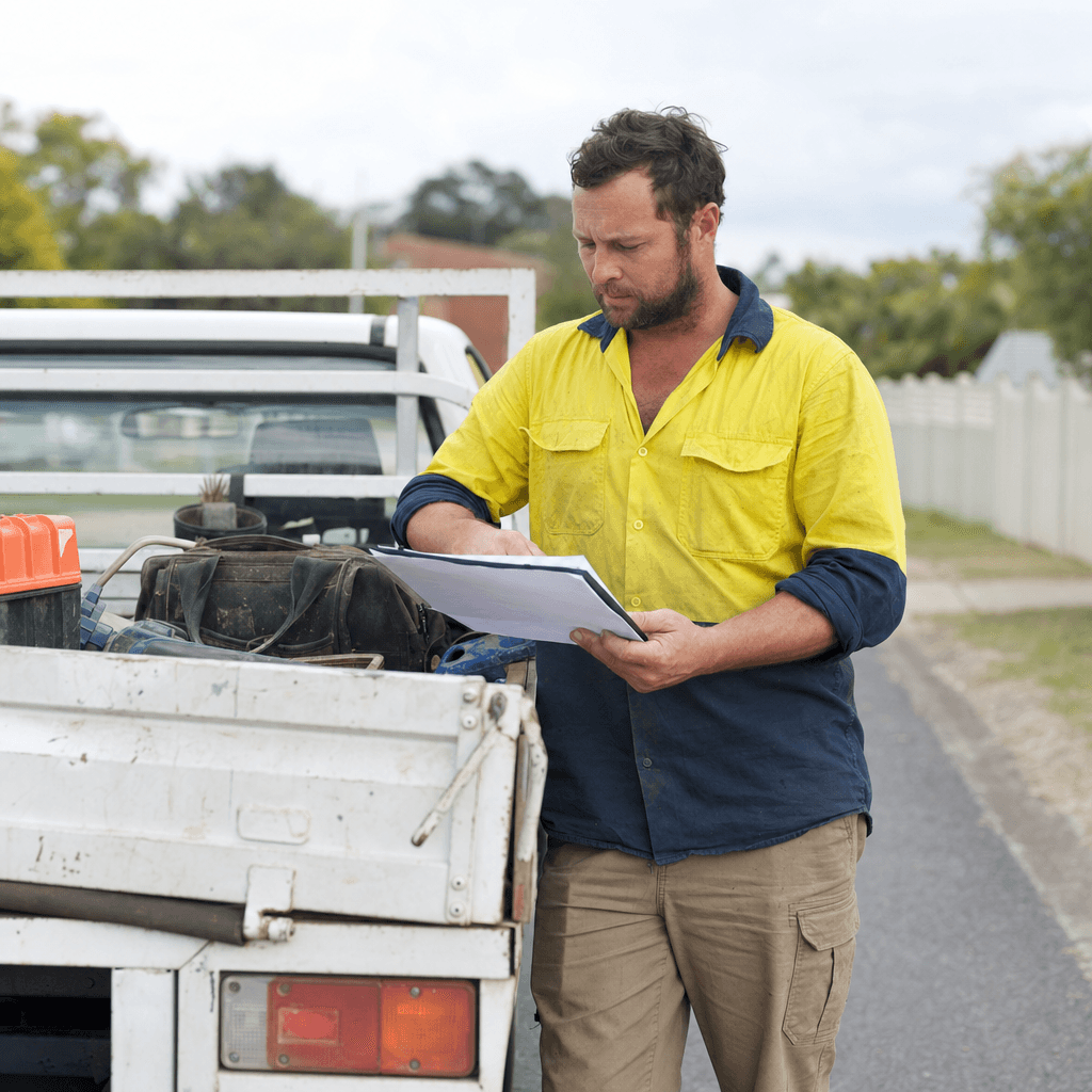 Self-employed Australian subcontractor at the back of his ute reviewing paperwork on a clipboard with a concerned expression