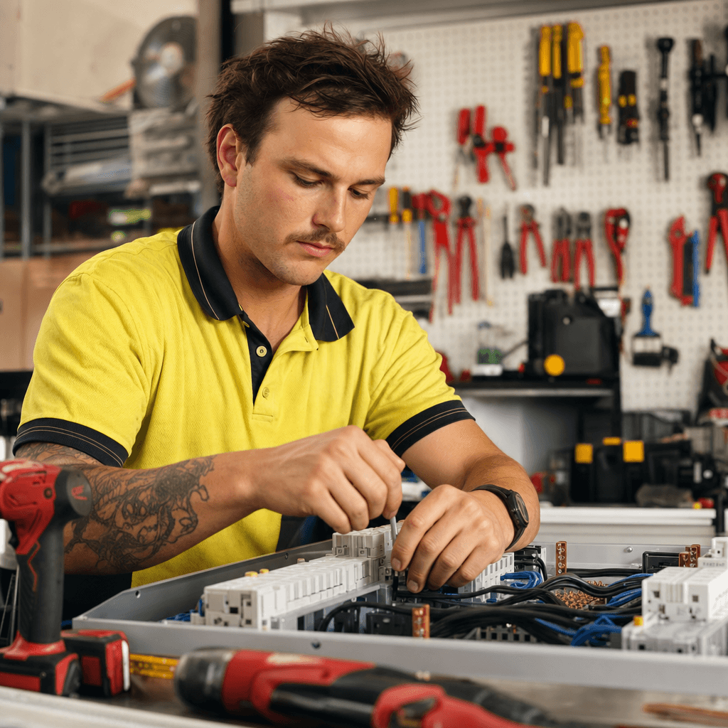 Young Australian electrician seated at a workshop bench assembling a switchboard as a genuine light duty during recovery