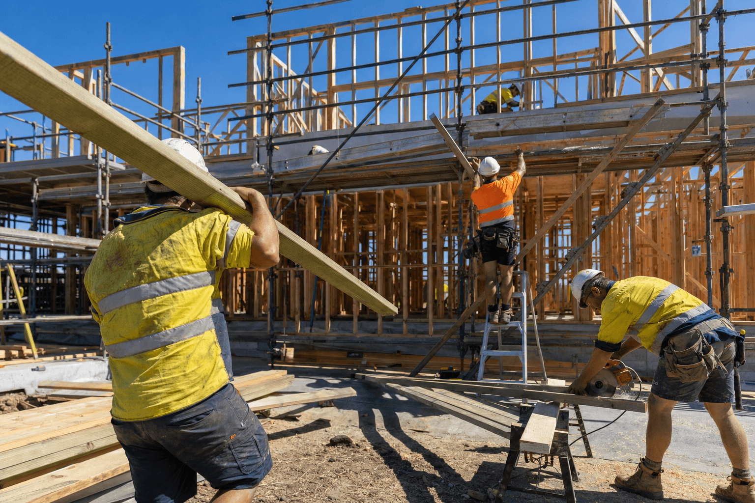 Busy Australian construction site with tradies working at full physical capacity carrying timber and working at height on a timber-framed build