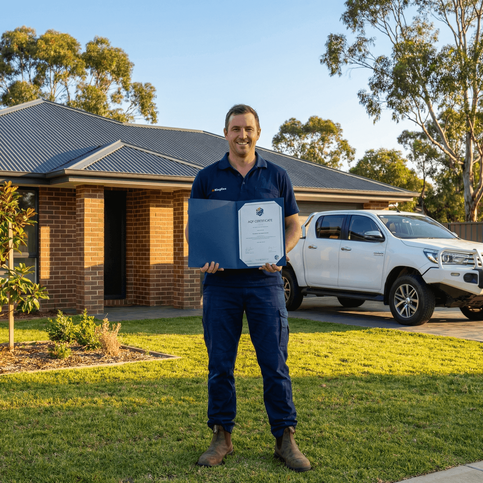 Australian construction professional proudly holding his AQF qualification certificate in front of a completed home with HiLux in the driveway