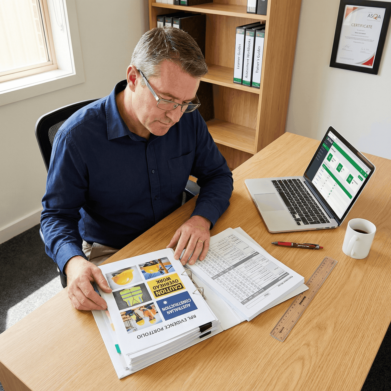 RPL assessor reviewing an evidence portfolio at a training office desk with ASQA certificate on the wall, laptop, and assessment documents