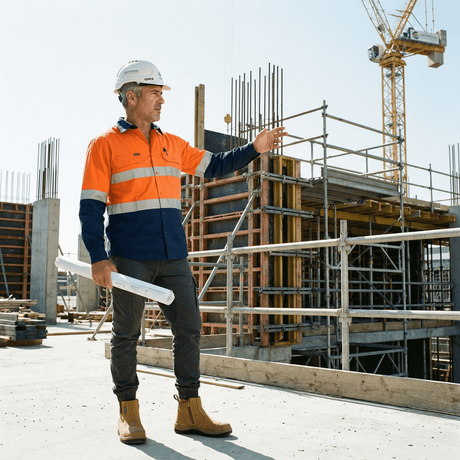 Senior Australian construction manager directing work on a commercial building site with tower crane and scaffolding — RPL recognises management experience