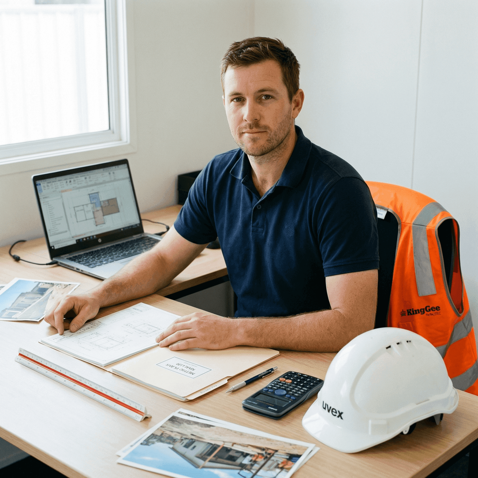 Builder reviewing RPL evidence portfolio documents at a site office desk with hard hat, hi-vis vest, building plans, and calculator