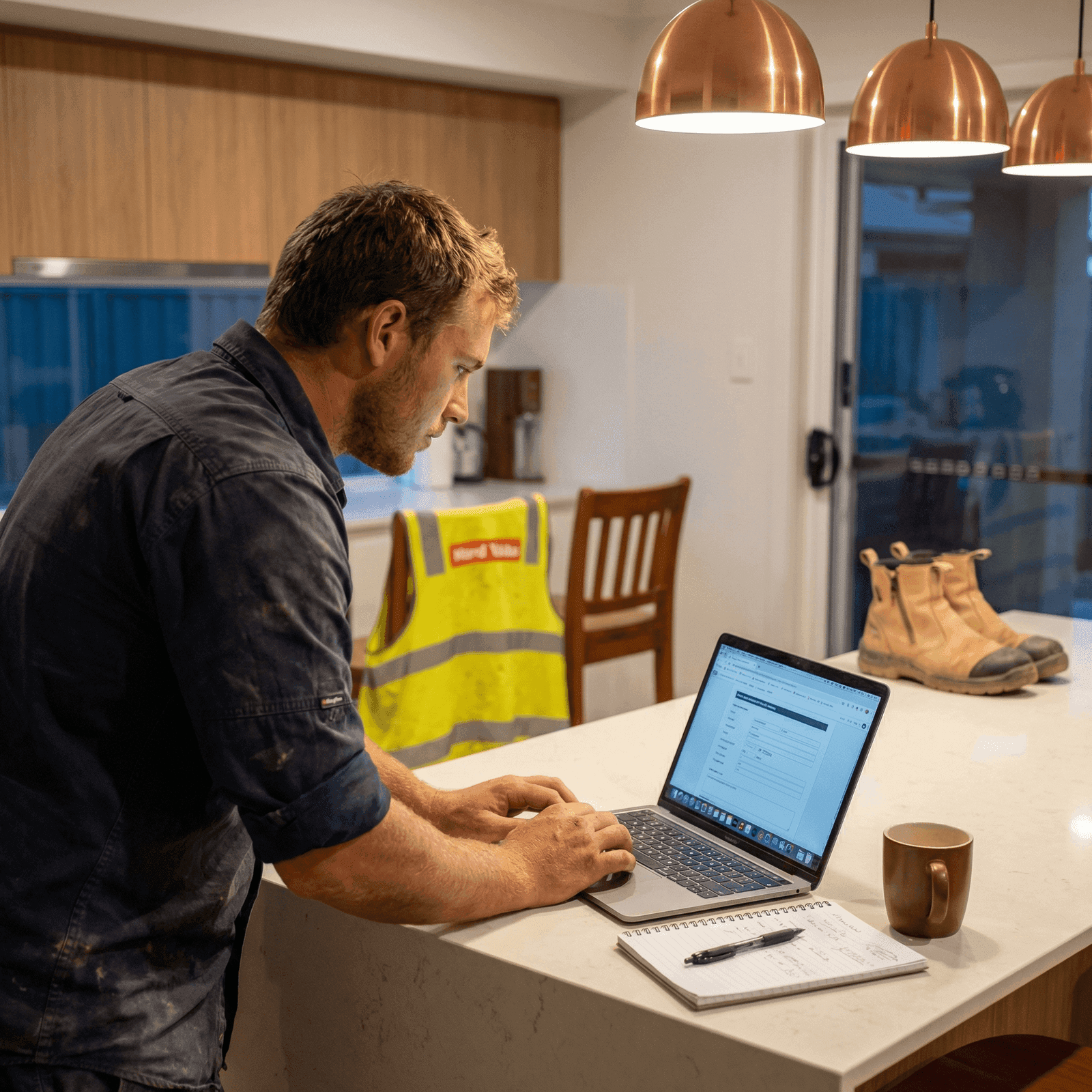 Young Australian tradesman studying RPL coursework on a laptop at home after work, with hi-vis vest draped over a chair and work boots visible