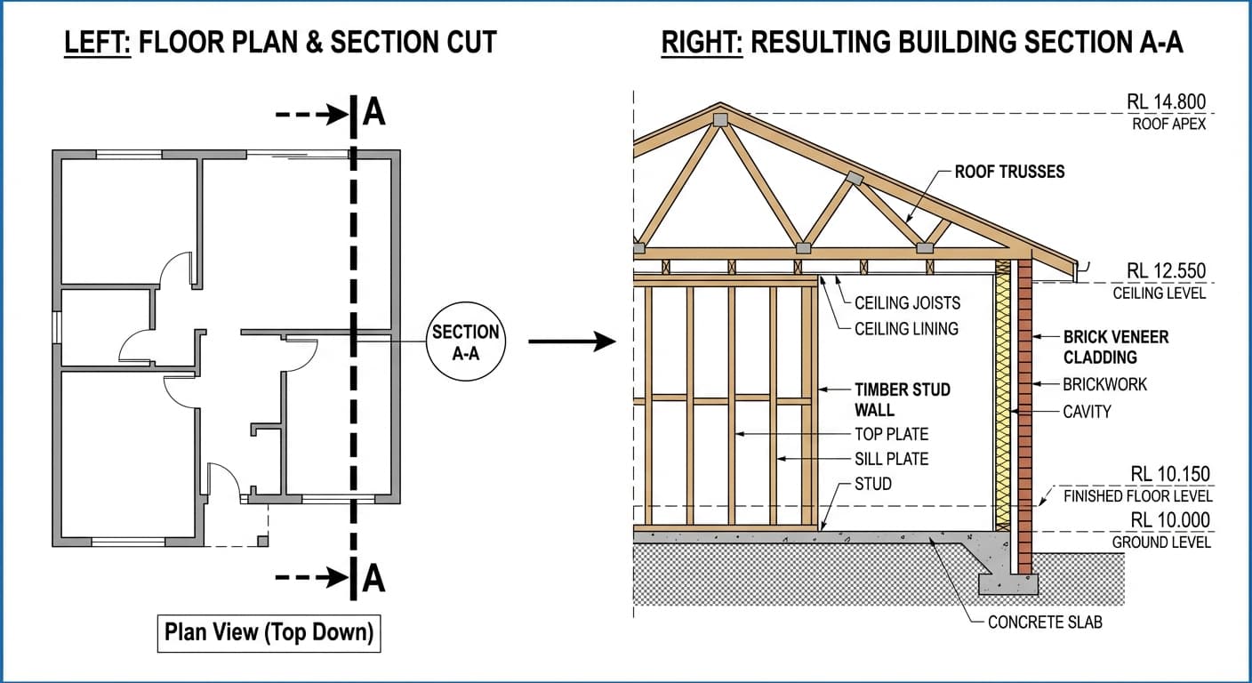 Two-part diagram showing how a building section is created: LEFT shows floor plan with Section A-A cut line, RIGHT shows resulting building section with roof trusses, timber stud wall, brick veneer cladding, concrete slab and RL levels marked
