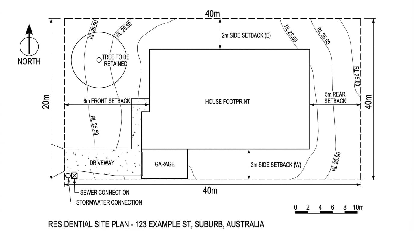 Australian residential site plan showing 20m x 40m lot with house footprint, setbacks (6m front, 5m rear, 2m sides), north arrow, contour lines with RL levels, driveway, garage, sewer and stormwater connections, and tree to be retained