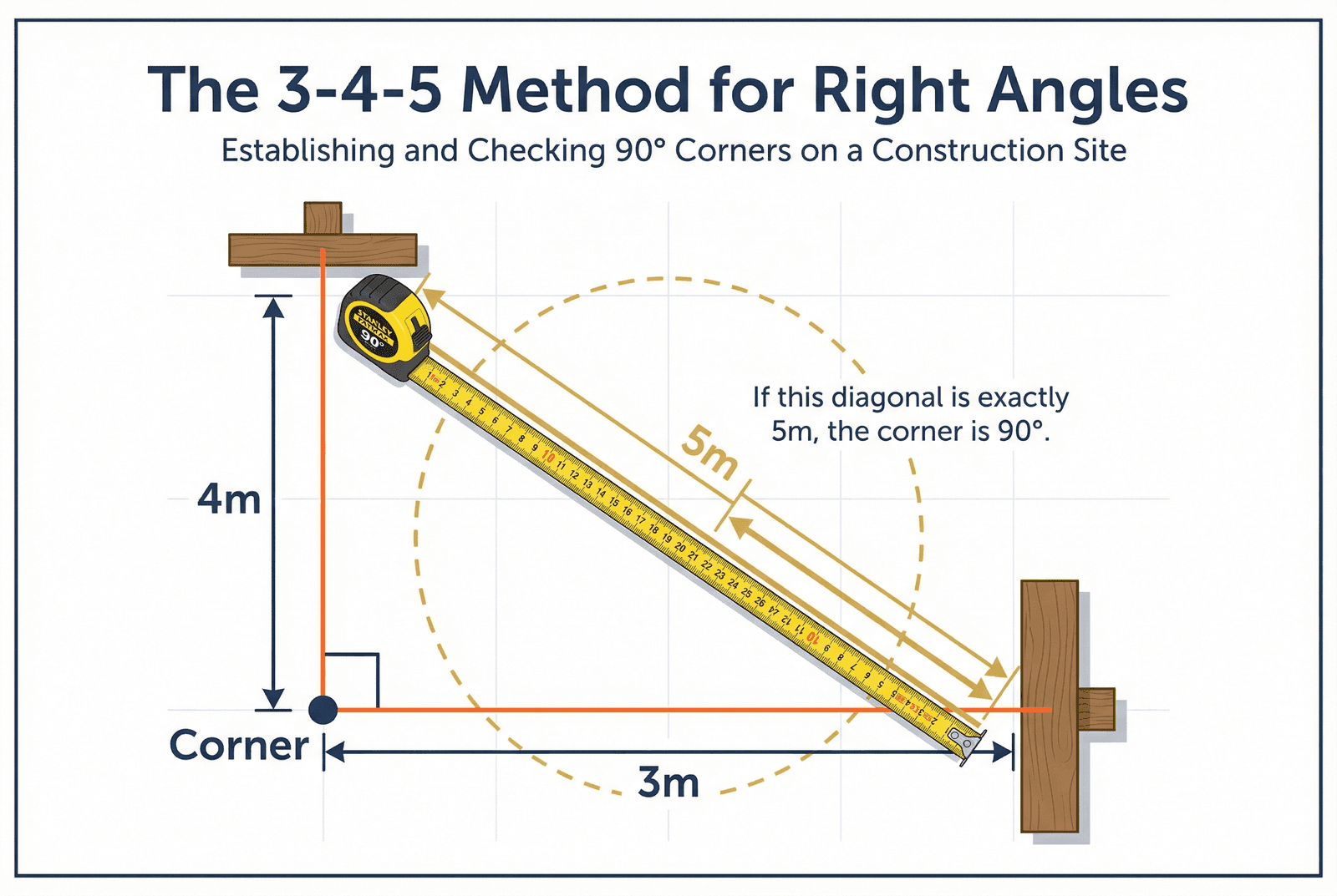 The 3-4-5 method for right angles — diagram showing 3m, 4m and 5m measurements with tape measure for establishing 90-degree corners on a construction site