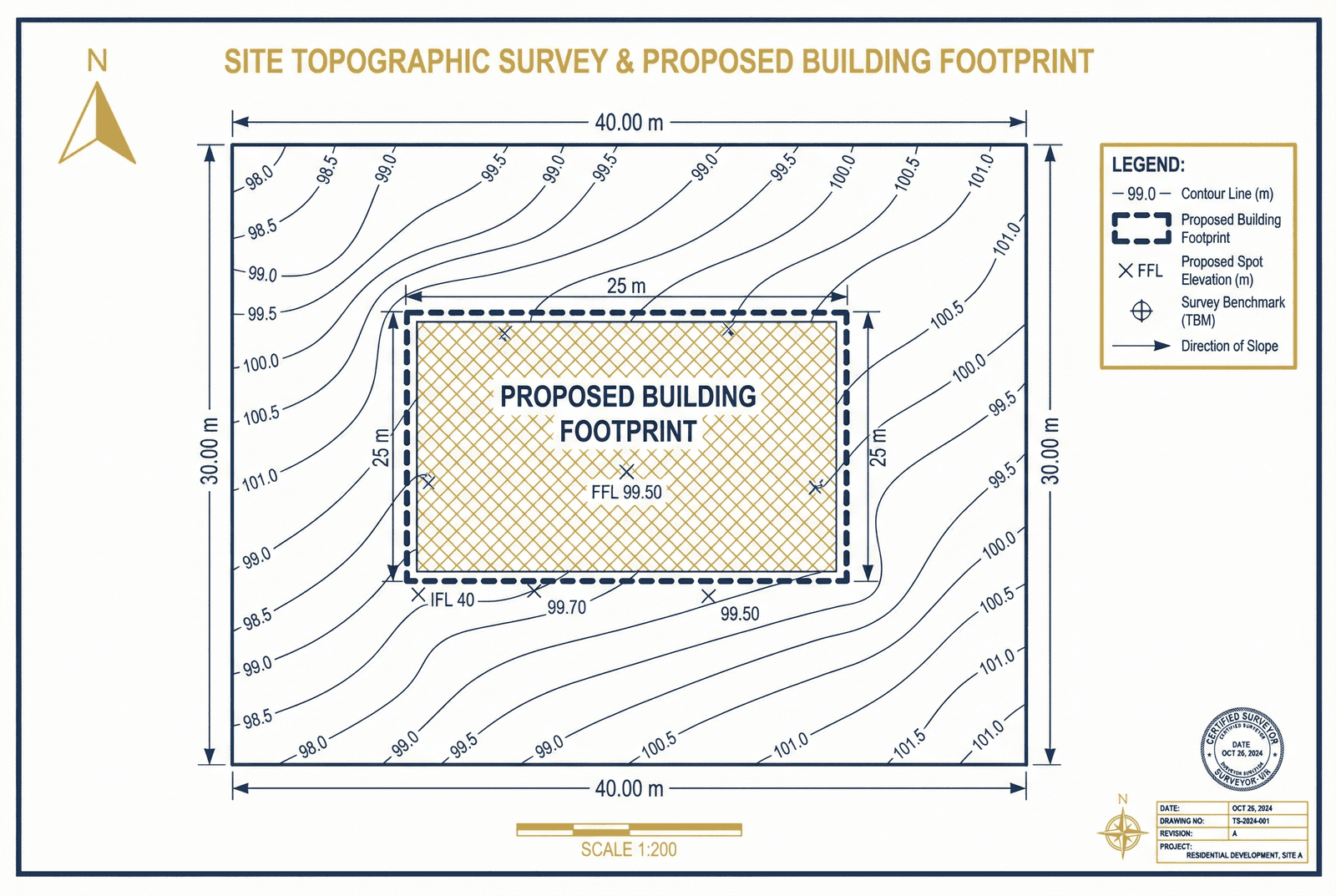Site topographic survey and proposed building footprint — contour plan at 1:200 scale showing elevation lines, proposed building position, spot elevations and survey benchmark