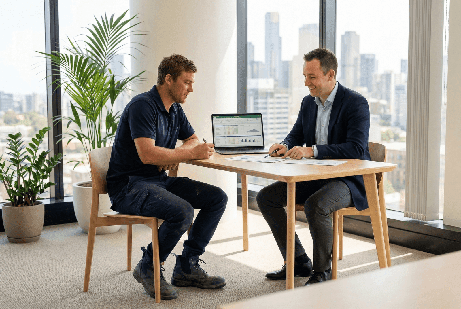 Australian tradesperson meeting with an accountant in a modern office to discuss business structure options