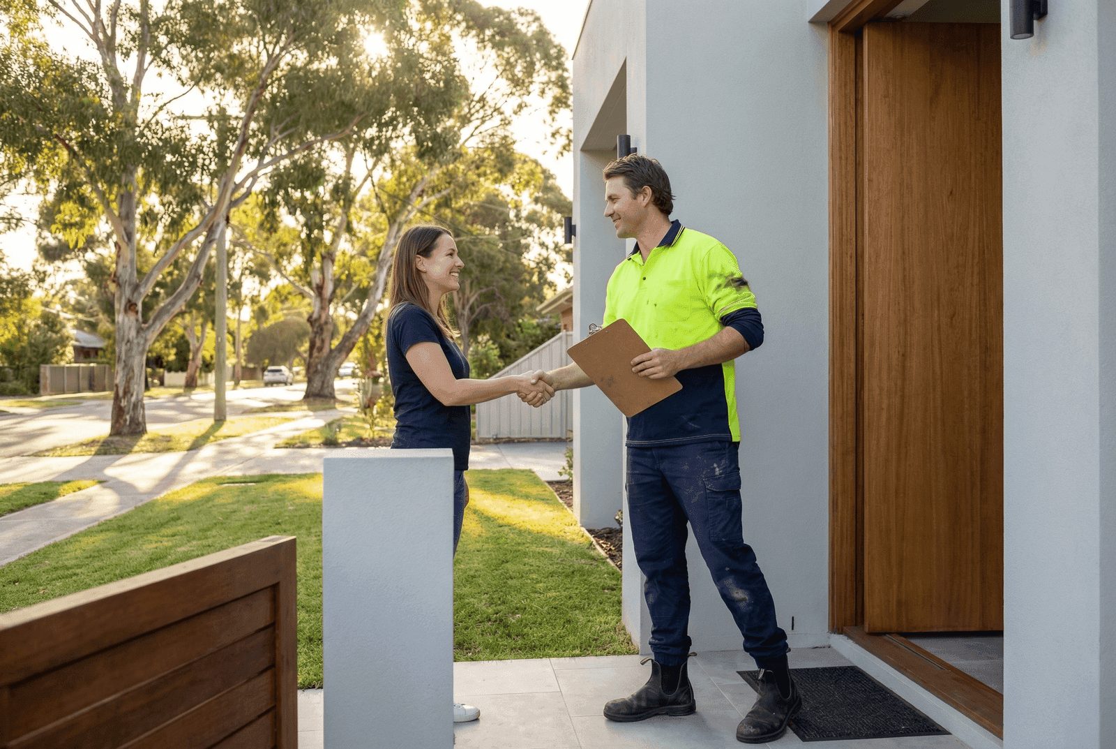 Australian tradesperson shaking hands with a satisfied homeowner at the front door of a completed renovation