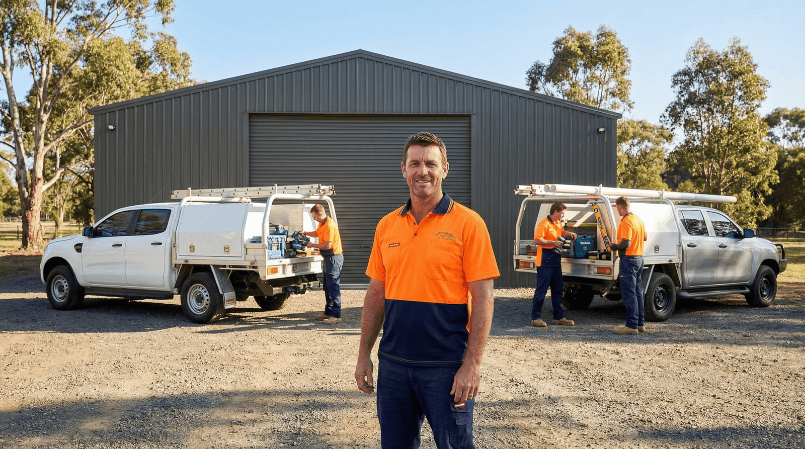 Successful Australian building business owner standing in front of his workshop with company utes and employees preparing for a day of work