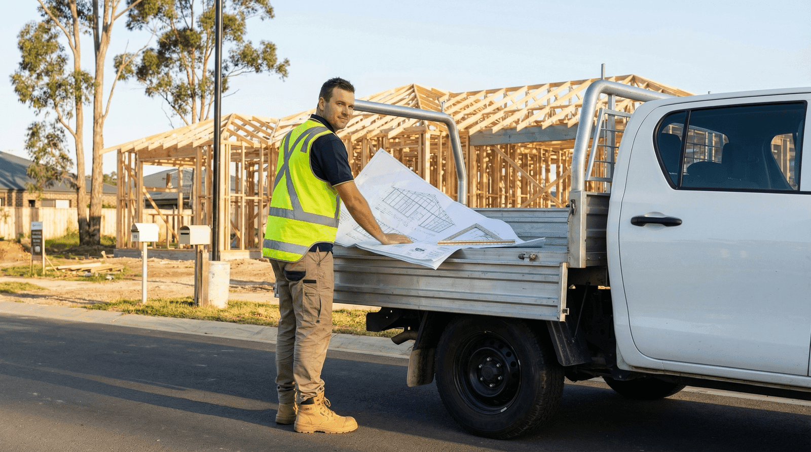 Australian tradesperson in hi-vis vest reviewing building plans on a ute tailgate at a residential construction site
