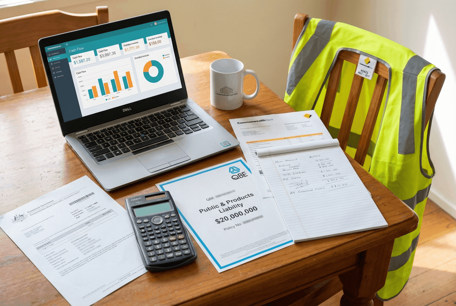 Tradie business planning materials on a kitchen table including ABN registration, insurance certificate, laptop with accounting dashboard, and hi-vis vest