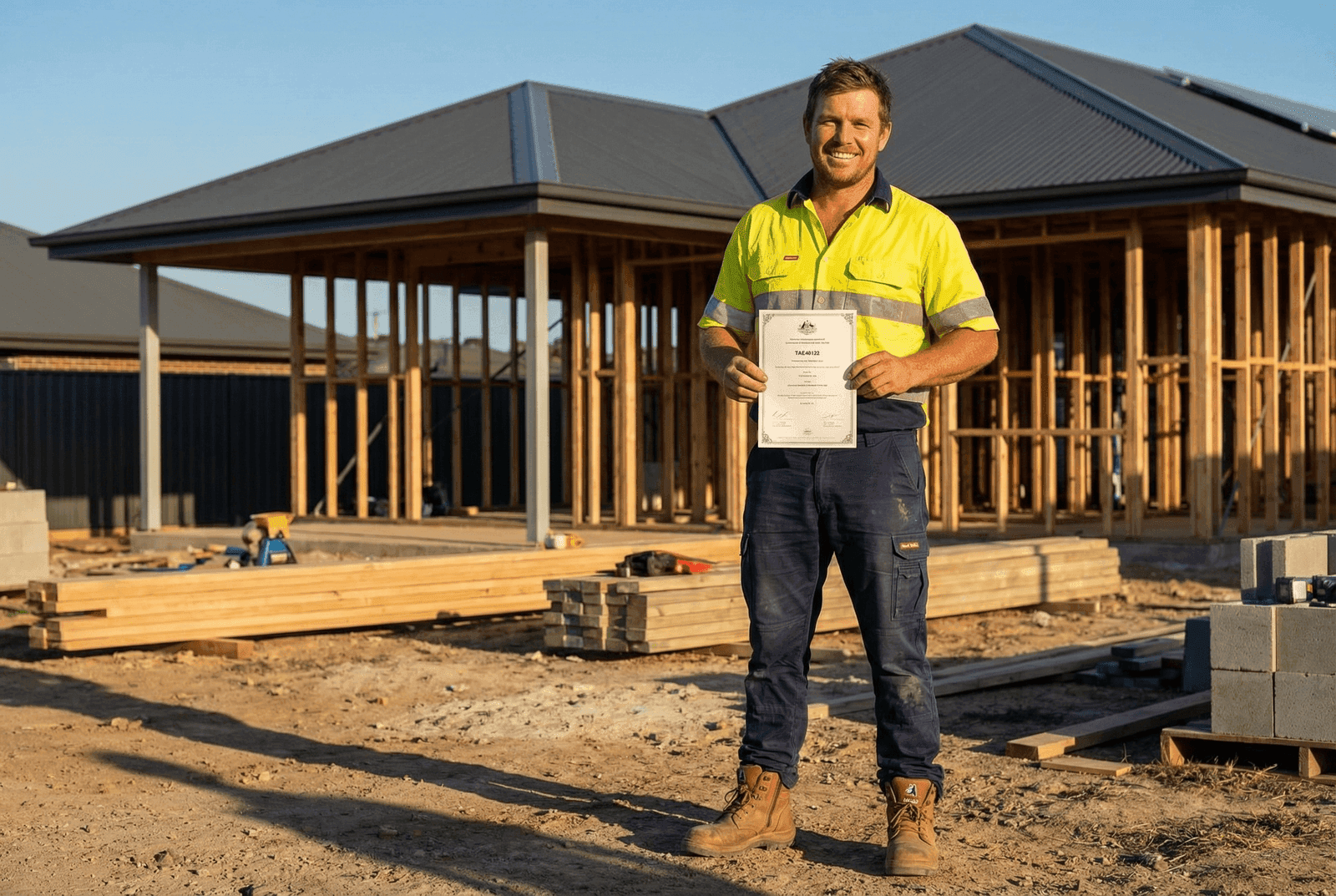 Builder holding Certificate IV qualification documents at a residential construction site
