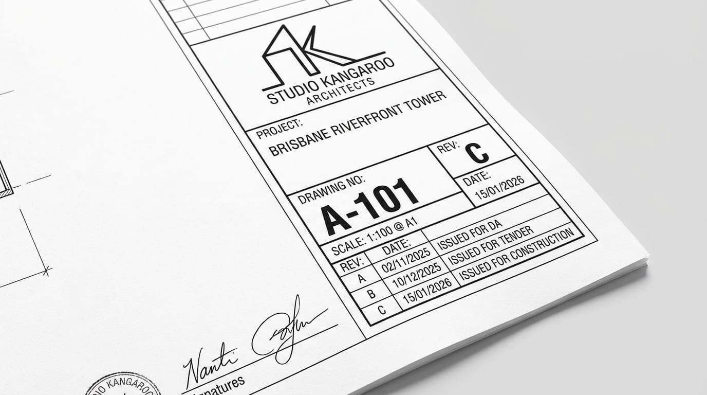 Australian construction drawing title block showing Drawing Number A-101, Revision C, Date 15/01/2026, Scale 1:100 @ A1, Project Name Brisbane Riverfront Tower, and revision history