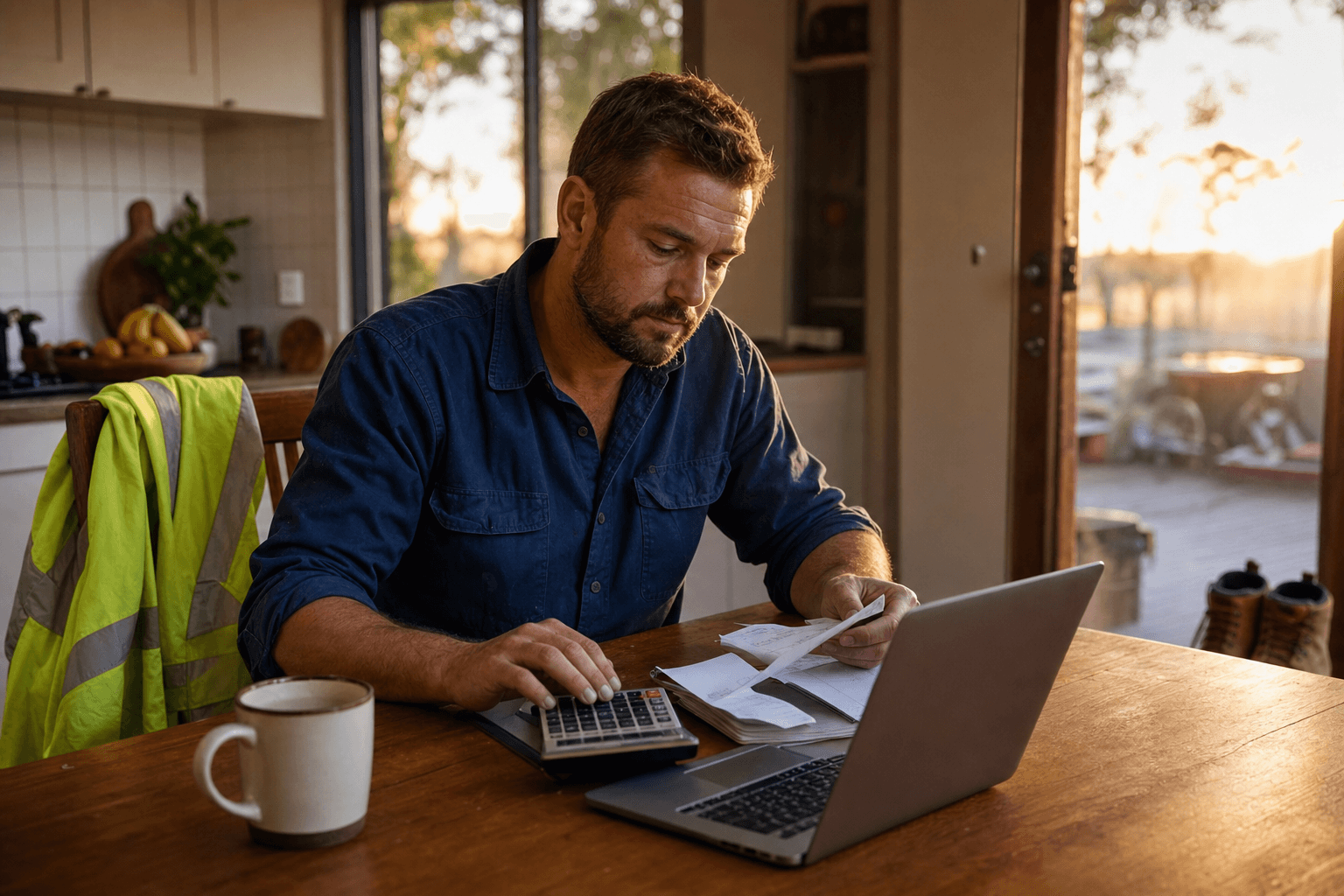 Australian tradie working through his EOFY tax deductions on a laptop at his kitchen table with receipts and a calculator