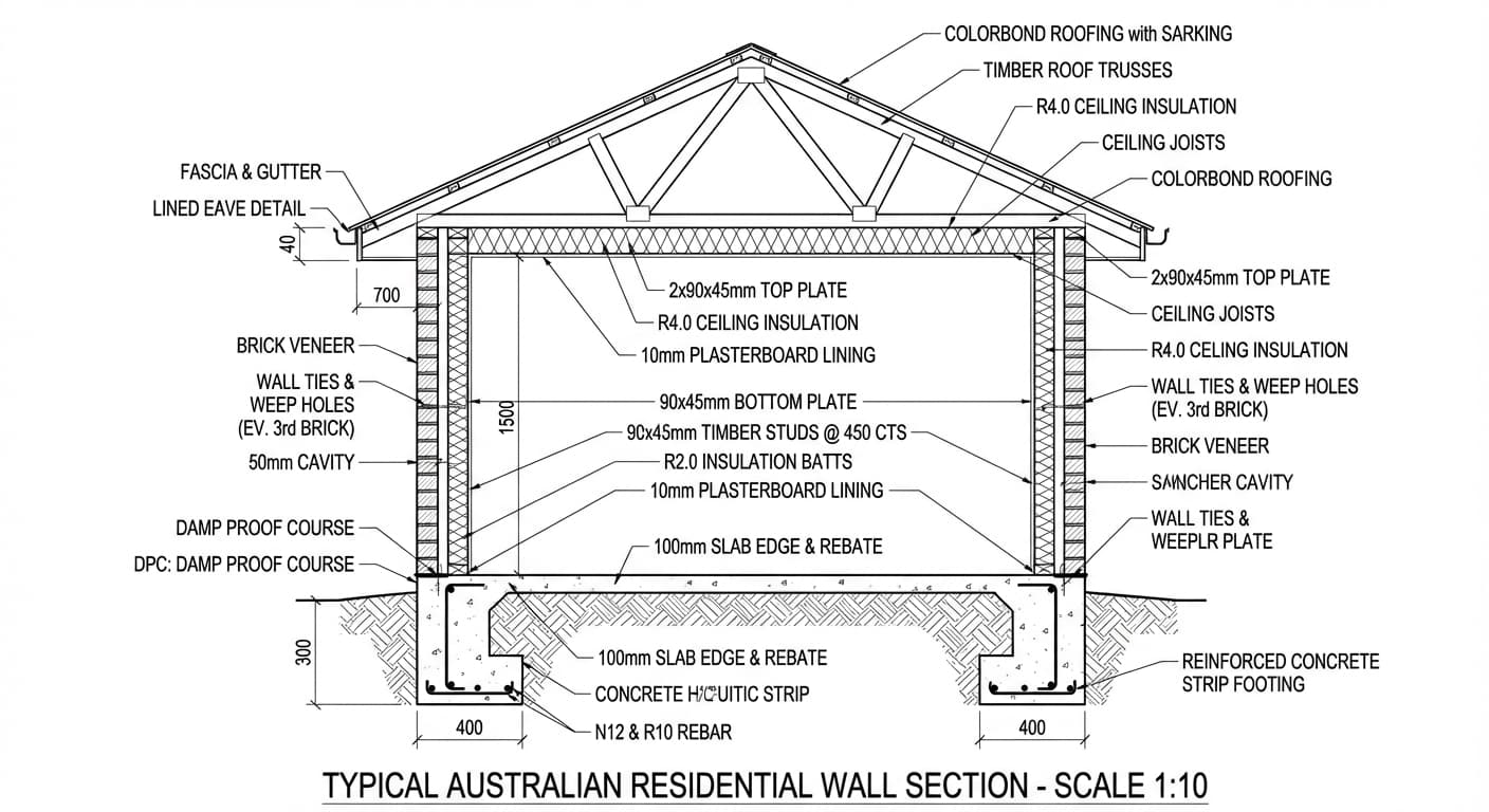 Typical Australian residential wall section at 1:10 scale showing concrete strip footing, slab edge, DPC, 90x45 timber studs at 450 CTS, R2.0 insulation batts, plasterboard lining, brick veneer with wall ties and weep holes, ceiling joists, R4.0 ceiling insulation, roof trusses, Colorbond roofing with sarking, fascia and gutter