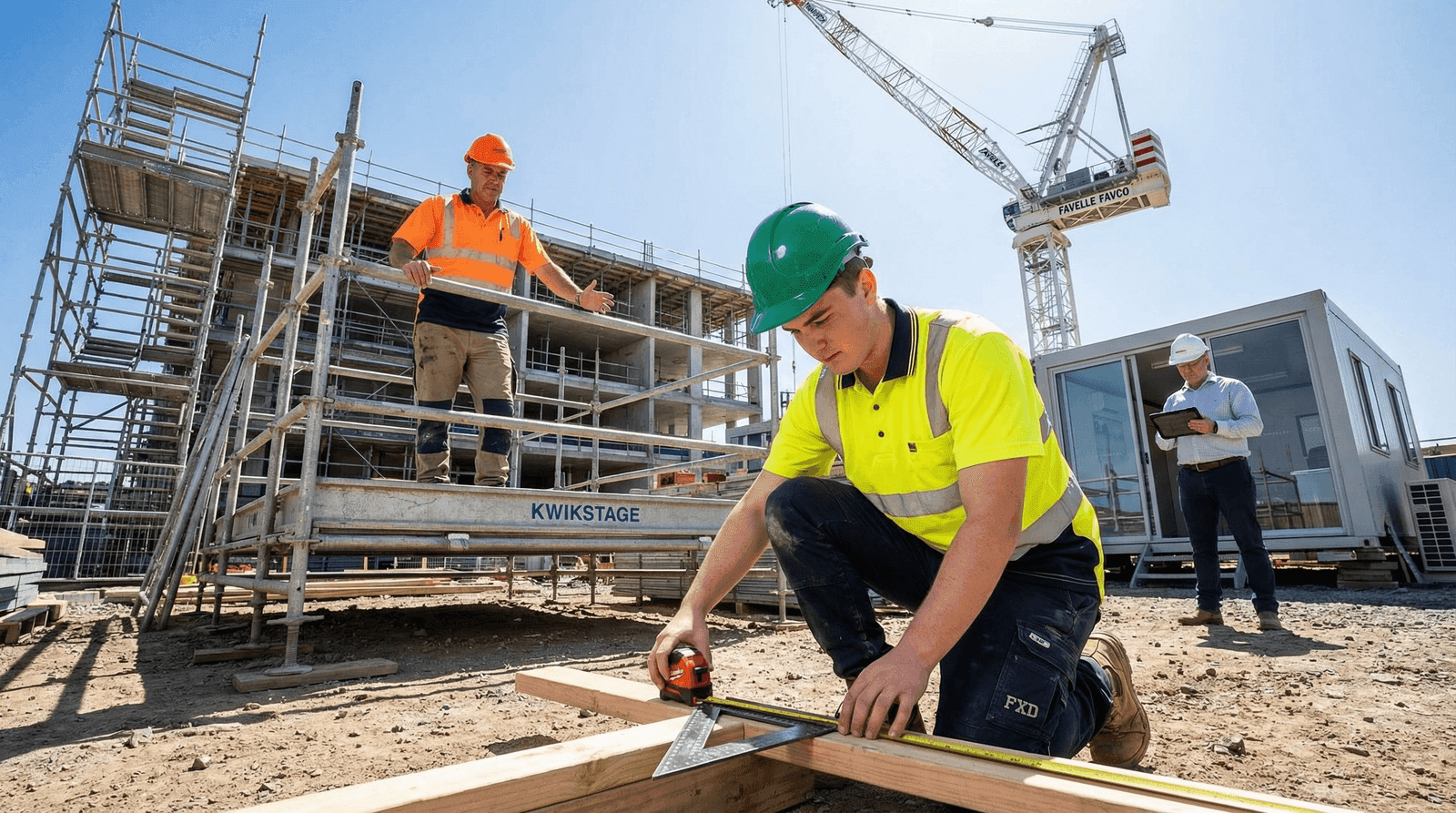 Three generations on an Australian construction site — apprentice measuring timber, foreman supervising from scaffolding, and construction manager reviewing blueprints
