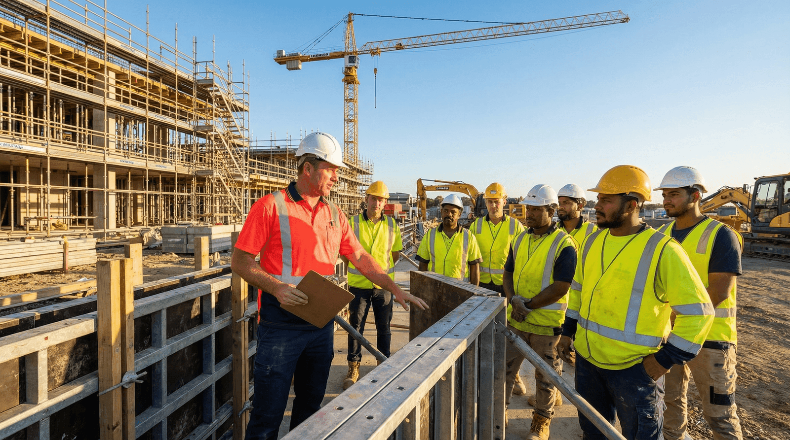 Australian construction foreman directing tradespeople on a residential building site