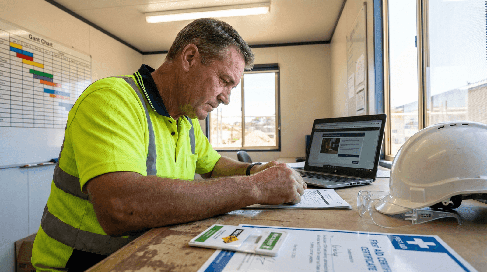 Construction foreman reviewing qualifications and White Card paperwork at a site office desk with laptop and hard hat