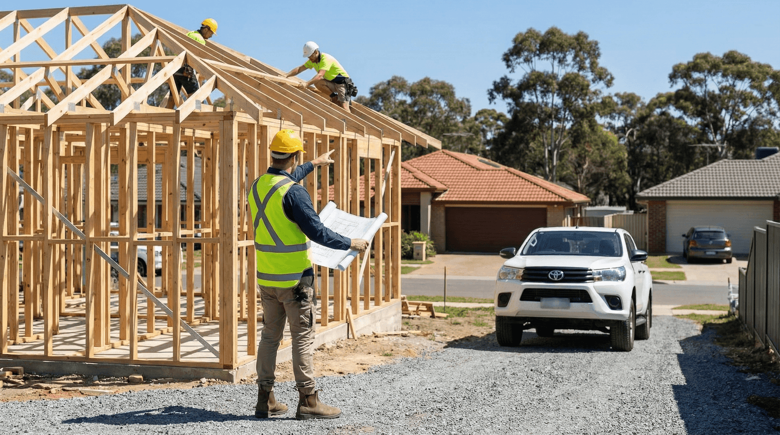 Site foreman with construction drawings coordinating subcontractors on an Australian residential build with timber framing and HiLux ute