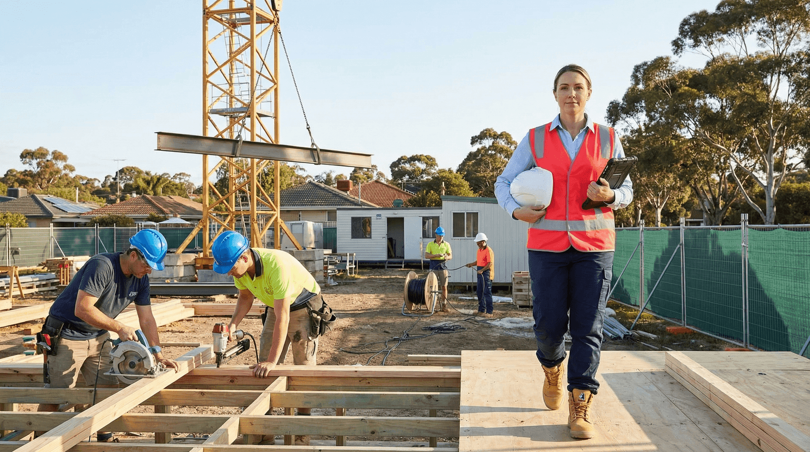 WHS Advisor walking through a busy Australian construction site with crane and multiple trades working, representing strong WHS job market demand