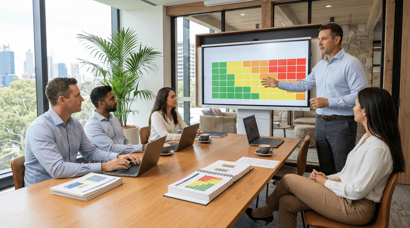 WHS Advisor facilitating a safety committee meeting in a modern Australian office boardroom with risk assessment matrix on screen