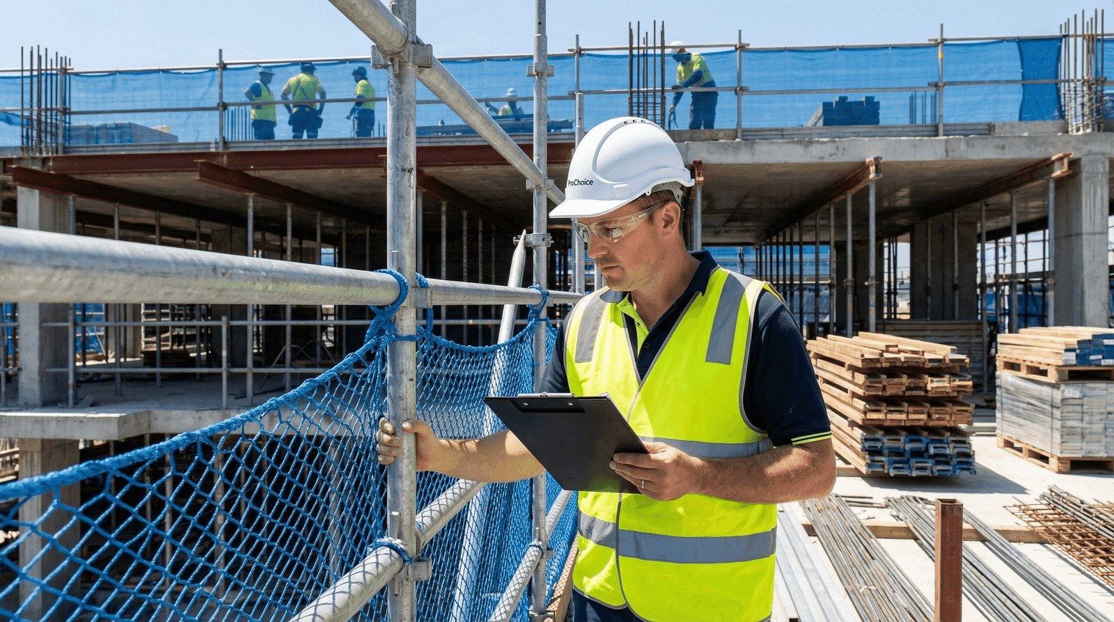 WHS Advisor in white hard hat and hi-vis vest inspecting scaffolding safety on a multi-storey Australian commercial construction site