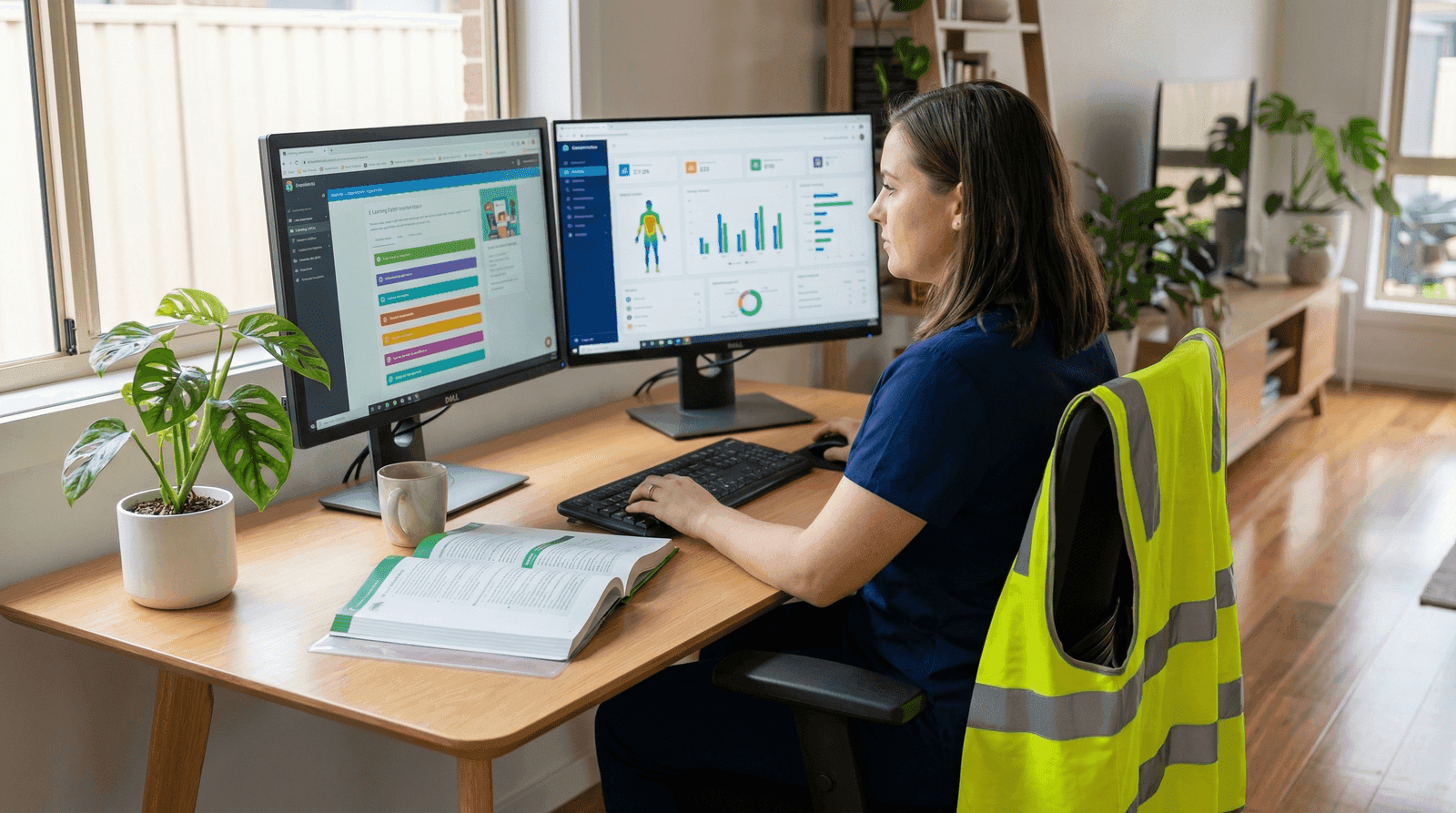 Woman studying WHS qualification online at home office desk with dual monitors showing safety management content and hi-vis vest on chair