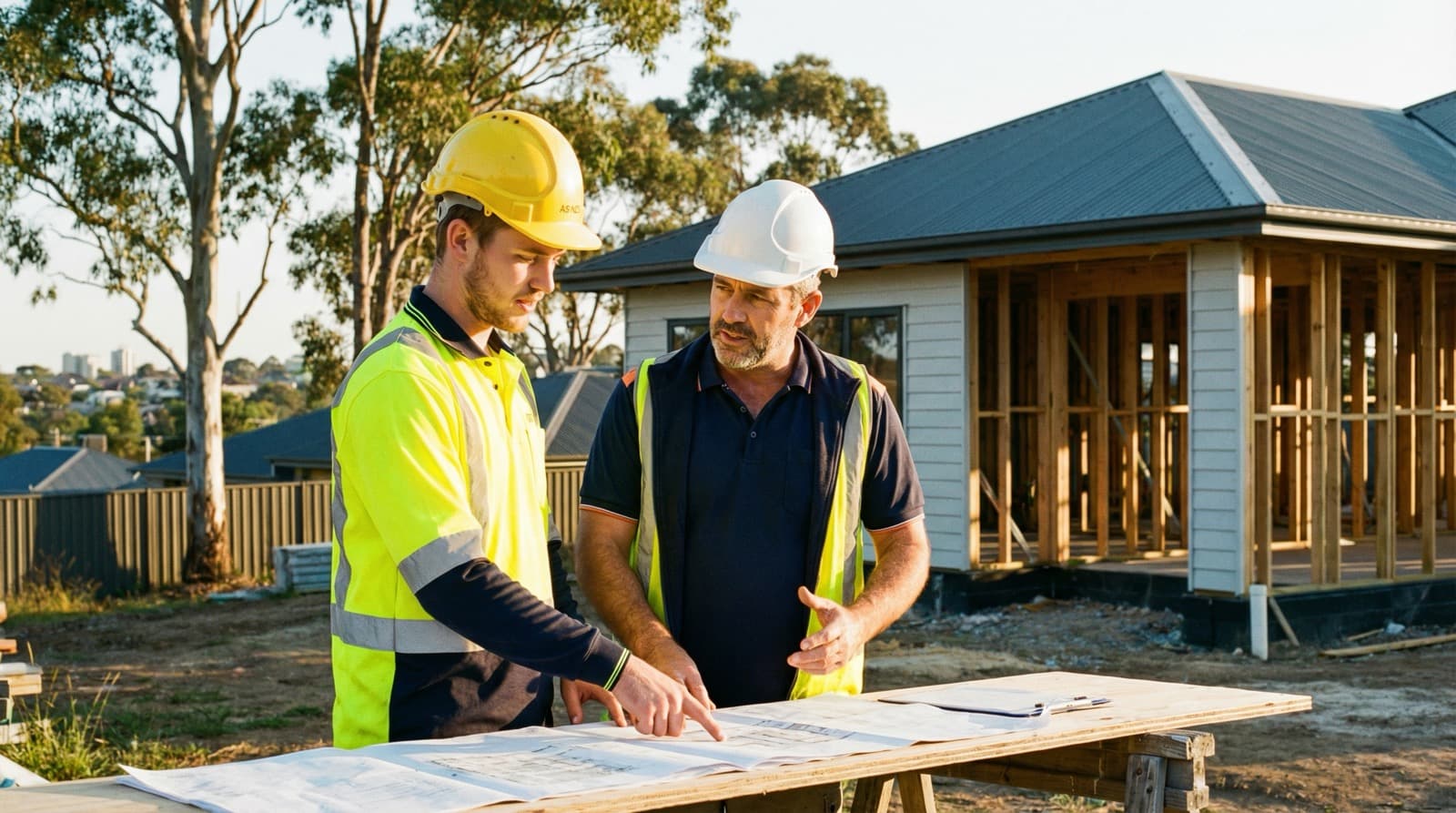 Two Australian construction professionals comparing building plans on site