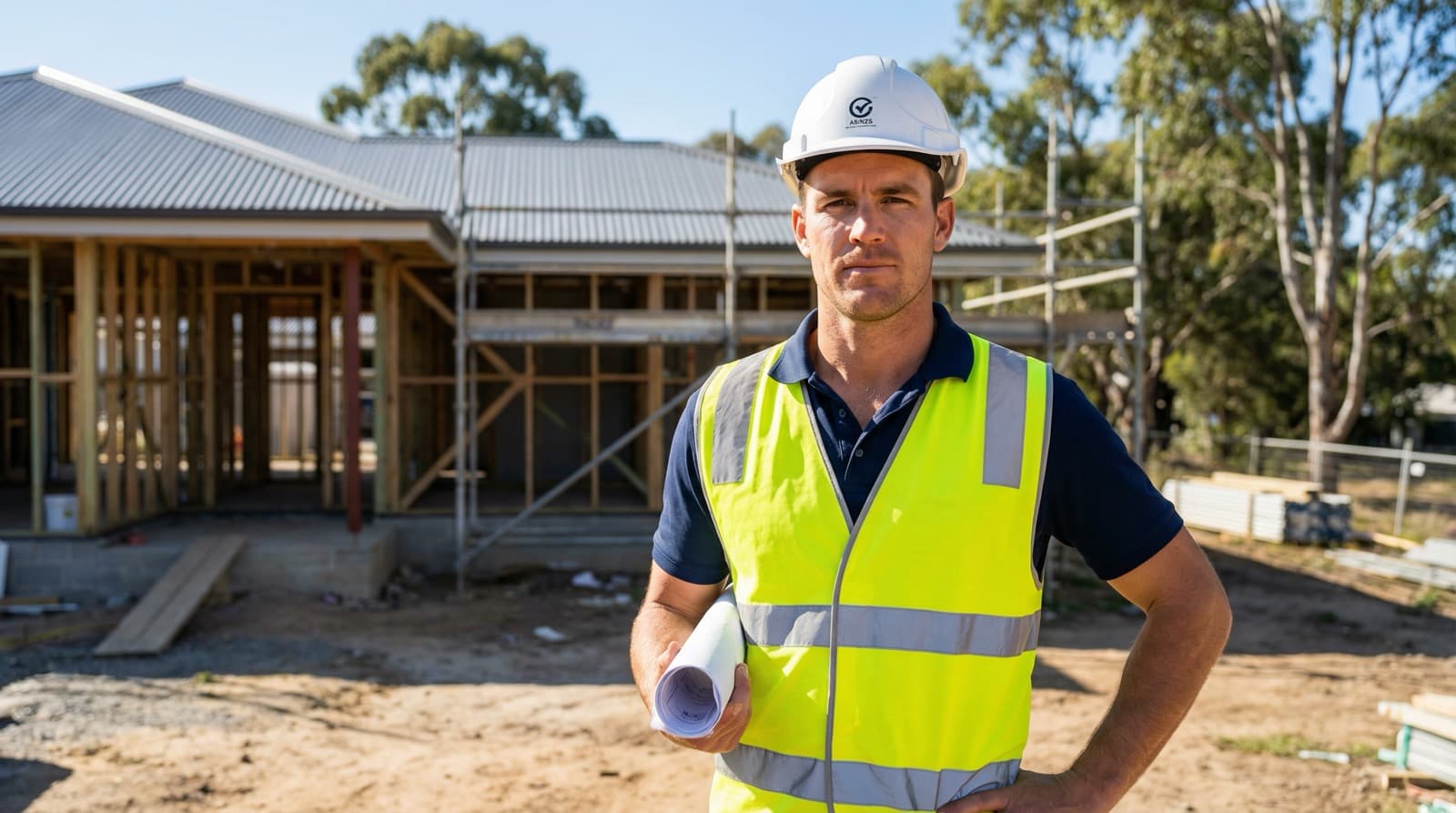 Confident Australian construction professional with building plans on a residential site