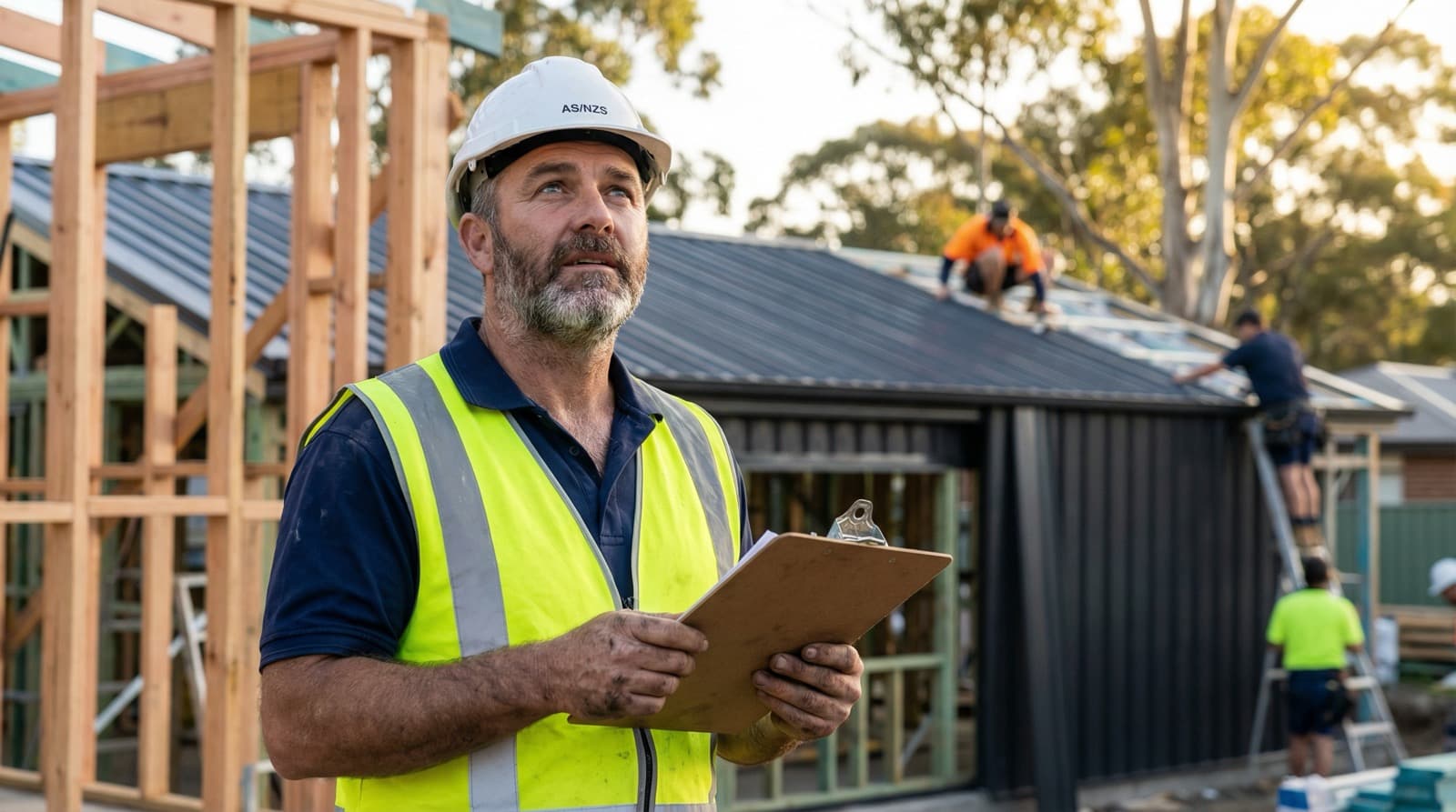 Experienced Australian construction supervisor reviewing building plans on an active residential site